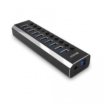 Lindy 10 Port USB 3.0 Hub with On/Off Switches USB 3.2 Gen 1 (3.1 Gen 1) Type-B 5000 Mbit/s Nero
