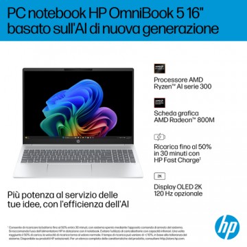 HP OmniBook 5 NGAI OmniBook 5 Next Gen AI 16-ag1020nl Copilot+ PC AMD Ryzen AI 5 340 Computer portatile 40,6 cm (16") 2K 16 GB L